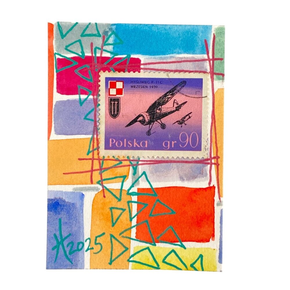 ACEO Original Art Watercolor 1971 Poland P11 C Bomber Warplane Postage Stamp ATC